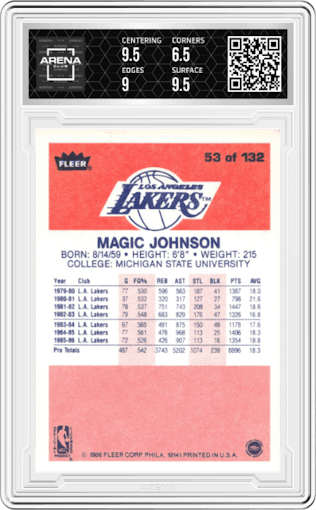 Magic Johnson from the 1986-87 Fleer set graded by Arena Club and given an overall grade of 7.