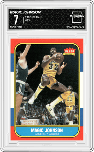 Magic Johnson from the 1986-87 Fleer set graded by Arena Club and given an overall grade of 7.