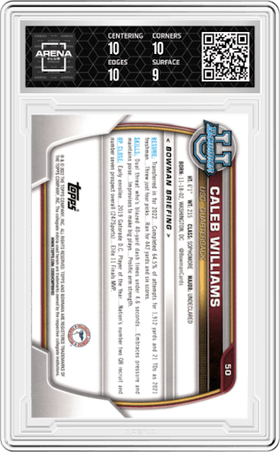 Caleb Williams from the 2022 Bowman University Chrome set graded by Arena Club and given an overall grade of 9.5.