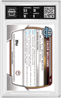 Caleb Williams from the 2022 Bowman University Chrome set graded by Arena Club and given an overall grade of 9.5.