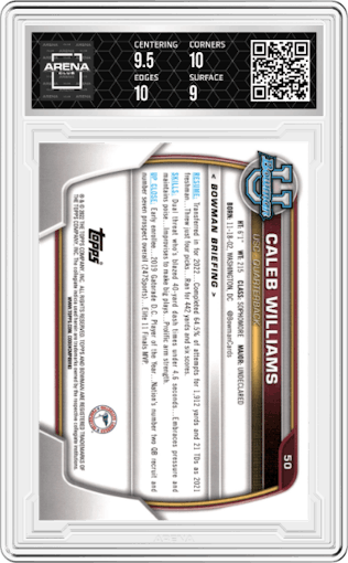 Caleb Williams from the 2022 Bowman University Chrome set graded by Arena Club and given an overall grade of 9.5.