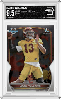 Caleb Williams from the 2022 Bowman University Chrome set graded by Arena Club and given an overall grade of 9.5.
