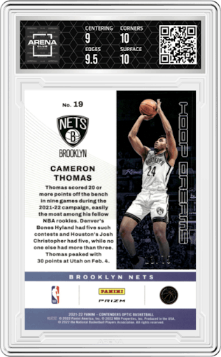 Cameron Thomas from the 2021-22 Panini Contenders Optic set featuring a Blue Cracked Ice parallel graded by Arena Club and given an overall grade of 9.5.
