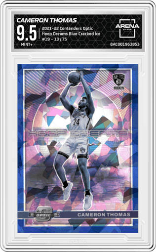 Cameron Thomas from the 2021-22 Panini Contenders Optic set featuring a Blue Cracked Ice parallel graded by Arena Club and given an overall grade of 9.5.