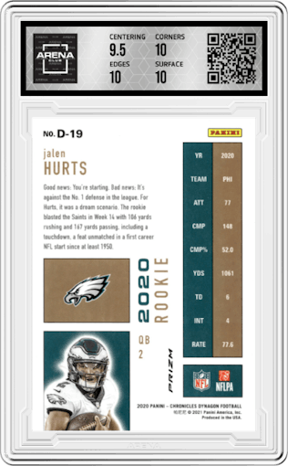 Jalen Hurts from the 2020 Panini Chronicles set featuring a Silver parallel graded by Arena Club and given an overall grade of 10.