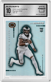 Jalen Hurts from the 2020 Panini Chronicles set featuring a Silver parallel graded by Arena Club and given an overall grade of 10.