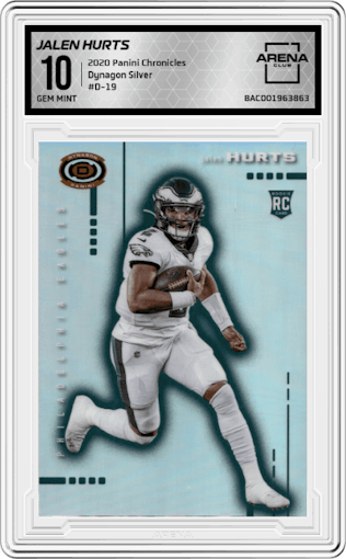 Jalen Hurts from the 2020 Panini Chronicles set featuring a Silver parallel graded by Arena Club and given an overall grade of 10.