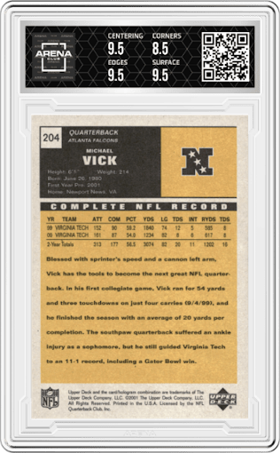 Michael Vick from the 2001 Upper Deck Vintage set graded by Arena Club and given an overall grade of 9.