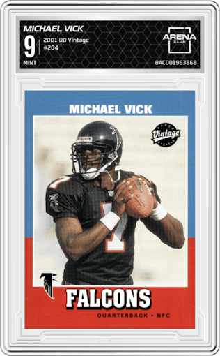 Michael Vick from the 2001 Upper Deck Vintage set graded by Arena Club and given an overall grade of 9.
