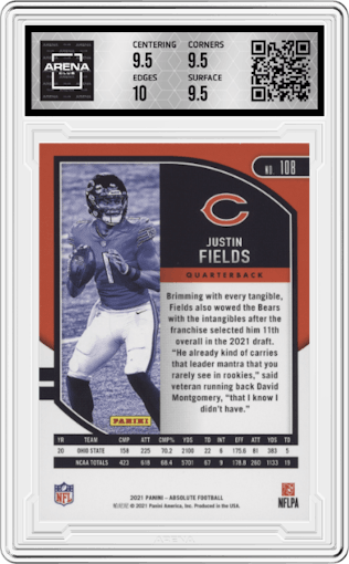Justin Fields from the 2021 Panini Absolute set graded by Arena Club and given an overall grade of 10.
