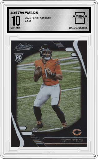 Justin Fields from the 2021 Panini Absolute set graded by Arena Club and given an overall grade of 10.