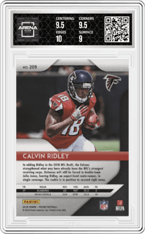Calvin Ridley from the 2018 Panini Prizm set graded by Arena Club and given an overall grade of 9.5.