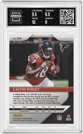 Calvin Ridley from the 2018 Panini Prizm set graded by Arena Club and given an overall grade of 9.5.