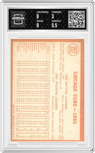 Chicago Cubs from the 1964 Topps set graded by Arena Club and given an overall grade of 3.5.