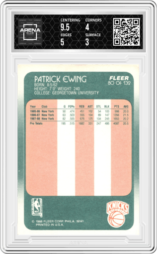 Patrick Ewing from the 1988-89 Fleer set graded by Arena Club and given an overall grade of 3.5.