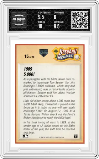 Nolan Ryan from the 1991 Upper Deck set graded by Arena Club and given an overall grade of 6.5.