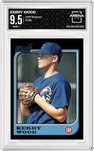 Kerry Wood from the 1997 Bowman set graded by Arena Club and given an overall grade of 9.5.