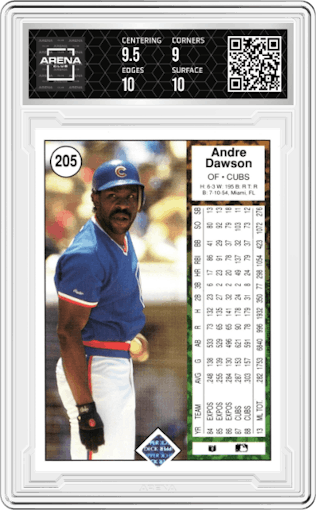 Andre Dawson from the 1989 Upper Deck set graded by Arena Club and given an overall grade of 9.5.