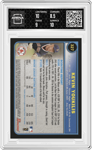 Kevin Youkilis from the 2003 Bowman set graded by Arena Club and given an overall grade of 9.