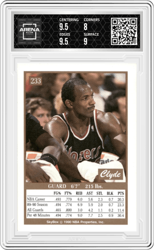  Clyde Drexler  from the 1990-91 SkyBox  set graded by Arena Club and given an overall grade of 8.5.