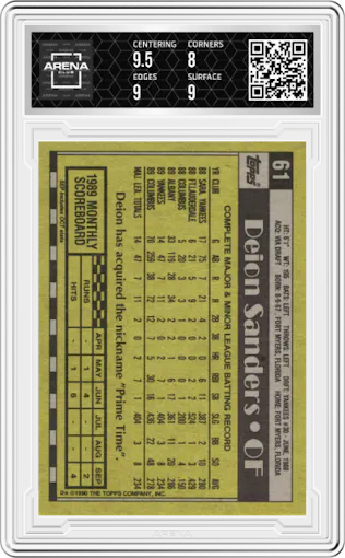 Deion Sanders from the 1990 Topps set graded by Arena Club and given an overall grade of 8.5.