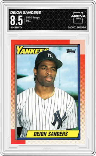 Deion Sanders from the 1990 Topps set graded by Arena Club and given an overall grade of 8.5.