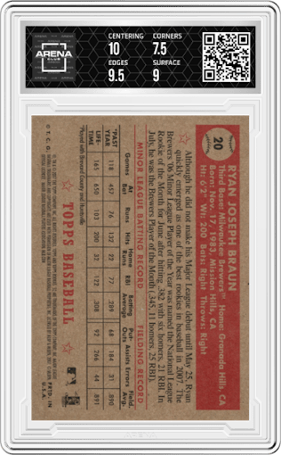 Ryan Braun from the 2007 Topps Rke. 1952 Ed. set featuring a Variation parallel graded by Arena Club and given an overall grade of 8.