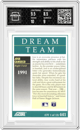 Jose Canseco from the 1991 Score set graded by Arena Club and given an overall grade of 9.