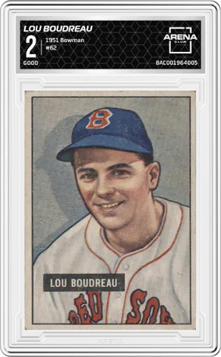 Lou Boudreau from the 1951 Bowman set graded by Arena Club and given an overall grade of 2.