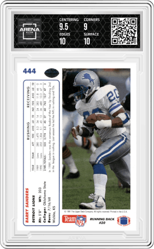 Barry Sanders from the 1991 Upper Deck set graded by Arena Club and given an overall grade of 9.5.