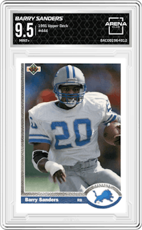 Barry Sanders from the 1991 Upper Deck set graded by Arena Club and given an overall grade of 9.5.