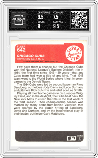 Chicago Cubs from the 1985 Fleer set graded by Arena Club and given an overall grade of 8.