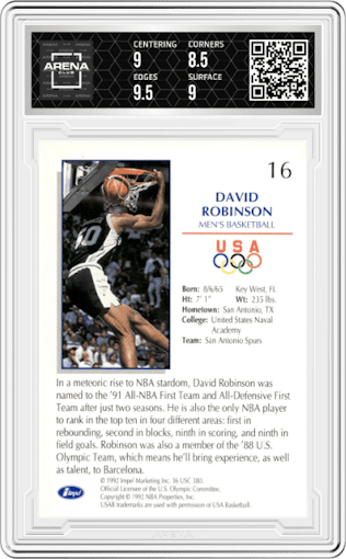 David Robinson from the 1992 Impel U.S. Olympicards set graded by Arena Club and given an overall grade of 9.