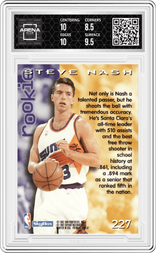 Steve Nash from the 1996-97 Skybox Premium set graded by Arena Club and given an overall grade of 9.
