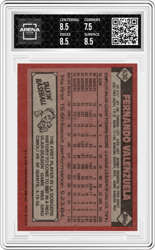 Fernando Valenzuela from the 1986 Topps set graded by Arena Club and given an overall grade of 8.