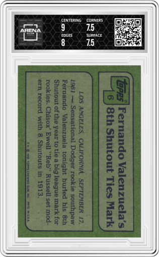 Fernando Valenzuela  from the 1982 Topps set graded by Arena Club and given an overall grade of 8.
