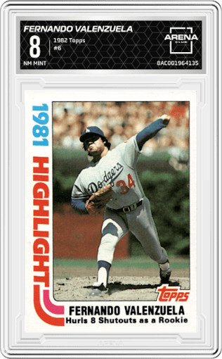Fernando Valenzuela  from the 1982 Topps set graded by Arena Club and given an overall grade of 8.