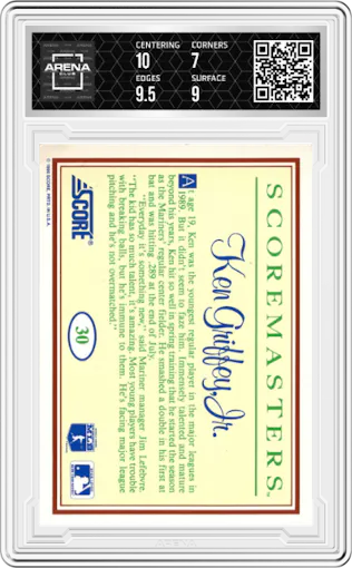 Ken Griffey Jr. from the 1989 Score ScoreMasters set graded by Arena Club and given an overall grade of 7.5.