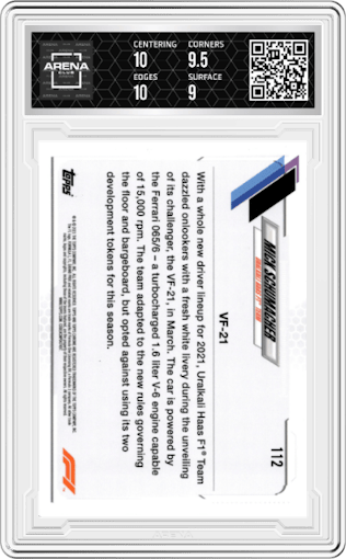 Mick Schumacher from the 2021 Topps Chrome F1  set graded by Arena Club and given an overall grade of 9.5.