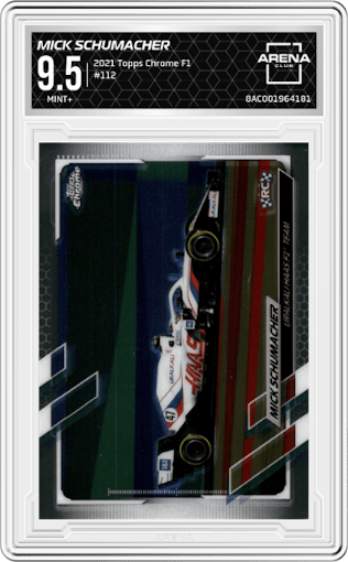 Mick Schumacher from the 2021 Topps Chrome F1  set graded by Arena Club and given an overall grade of 9.5.
