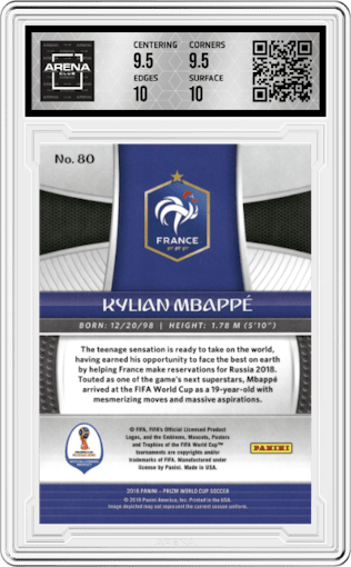 Kylian Mbappe from the 2018 Panini Prizm World Cup set graded by Arena Club and given an overall grade of 10.