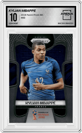 Kylian Mbappe from the 2018 Panini Prizm World Cup set graded by Arena Club and given an overall grade of 10.