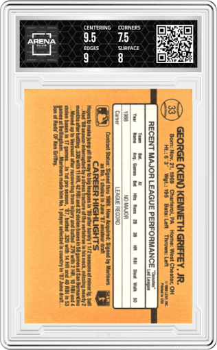 Ken Griffey Jr. from the 1989 Donruss set graded by Arena Club and given an overall grade of 8.