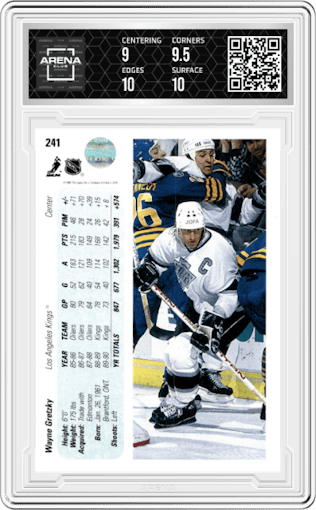 Wayne Gretzky from the 1990-91 Upper Deck set featuring a Error Feet and Inches Reverse parallel graded by Arena Club and given an overall grade of 9.5.