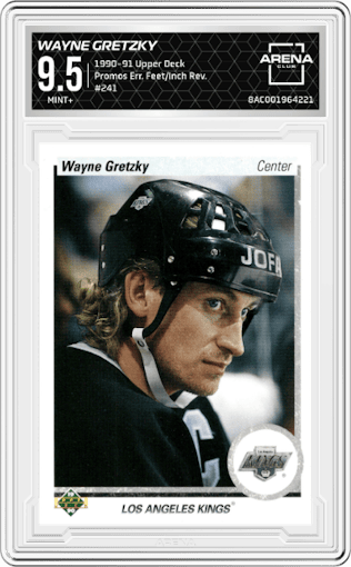 Wayne Gretzky from the 1990-91 Upper Deck set featuring a Error Feet and Inches Reverse parallel graded by Arena Club and given an overall grade of 9.5.