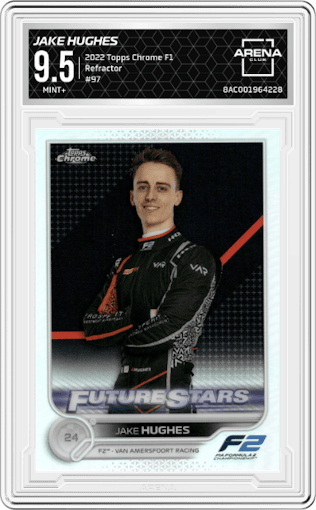 Jake Hughes from the 2022 Topps Chrome F1 set featuring a Refractor parallel graded by Arena Club and given an overall grade of 9.5.