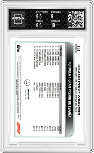 Lewis Hamilton from the 2022 Topps Chrome F1 set featuring a Refractor parallel graded by Arena Club and given an overall grade of 9.5.