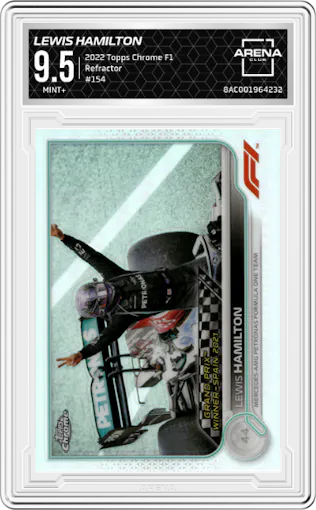 Lewis Hamilton from the 2022 Topps Chrome F1 set featuring a Refractor parallel graded by Arena Club and given an overall grade of 9.5.
