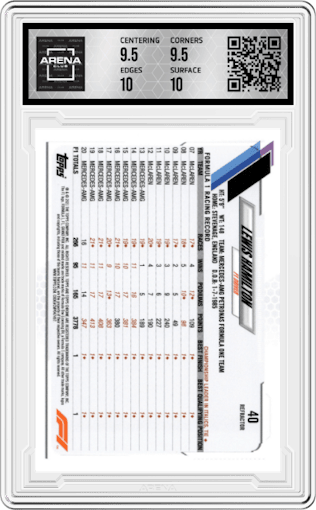 Lewis Hamilton from the 2021 Topps Chrome F1  set featuring a Refractor parallel graded by Arena Club and given an overall grade of 10.
