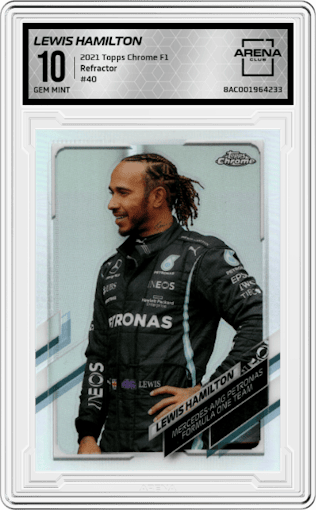 Lewis Hamilton from the 2021 Topps Chrome F1  set featuring a Refractor parallel graded by Arena Club and given an overall grade of 10.